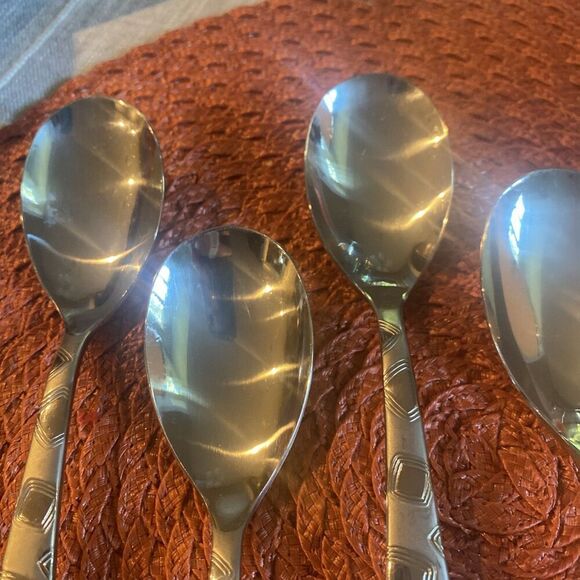 Cambridge Bedrock Sand Flatware Geometric Mod Soup Spoon Lot Set of 6 8" Oval - Picture 6 of 8